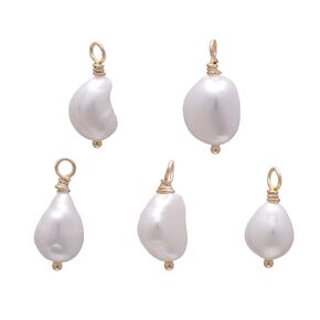5 Pcs Selected Baroque Pearl Charms Wire Wrapped Freshwater Pearls L 9-12mm, Yellow Gold Tone