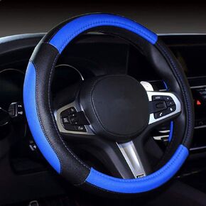 Microfiber Leather Car Steering Wheel Cover, Fashion Stitching, Universal 15 Inch Fit, Non-Slip (Black&Blue)