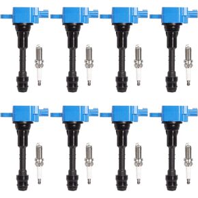 ENA Set of 8 Blue Ignition Coil Pack with 8 Platinum Spark Plug Compatible with Infiniti Nissan QX56 Titan Pathfinder Armada 2004 2005 2006 2007 5.6L V8 Replacement for UF510 C1483 224487S015 5C1482
