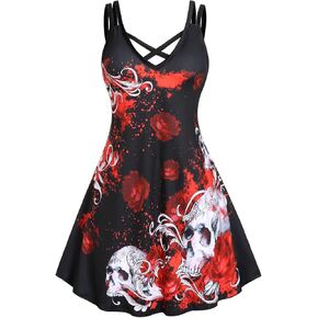 Rosegal Womens Plus Size Curve Gothic Crisscross Rose Skulls A Line Dress(Black_6/4X) in Saudi Arabia