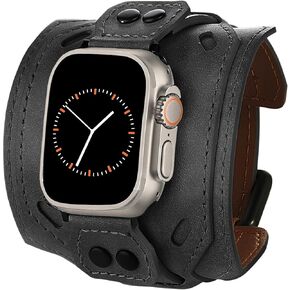 VIQIV Leather Band Compatible with Apple Watch Ultra 2/Ultra Bands 49mm 45mm 44mm 42mm 41mm 40mm 38mm for Men Women, Wide Genuine Leather Cuff Wristband Replacement Bands for iWatch Ultra 2/Ultra SE 2/SE Series 9 8 7 6 5 4 3 2 1 Sports & Edition