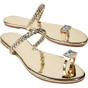 OYOANGLE Women's Metallic Rhinestone Toe Ring Braided Strap Open Toe Flat Sandals Party Dressy Thong Sandals