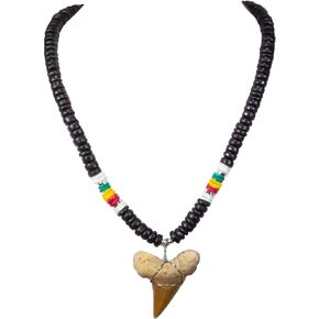 BlueRica Fossil Shark Tooth on Black Coconut & Rasta Puka Shell Beads Necklace (20" 3S)