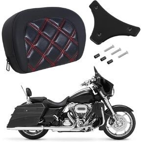 Motorcycle Detachable Sissy Bar Backrest Pad for Harley Glide Road King Traveler Rear Backrest Cushion 1996-2023 Red Thin Line Pad with Black Sissy Bar Backrest Pad Mount Kit