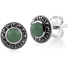 Gemondo USA 925 Sterling Silver 4mm Round Dyed Green Jade & Marcasite Stud Earrings