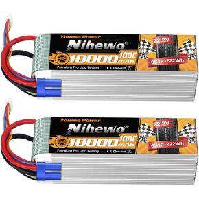 6S Lipo Battery 22.2V 10000mAh 100C RC Battery EC5 Plug Soft Case Compatible with RC Car Truck Tank Plane Drone Boat Racing Models(2 Packs)