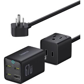Baseus Charging Station 67W, Detachable Travel Power Strip USB C Fast Charger, 2 Outlets Flat Extension Cord 5ft with 3USB-C & 1USB-A, Portable Charger for MacBook Pro, Cruise Travel Essentials