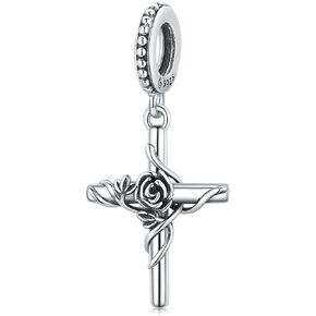 Rose Cross Pendant Charms 925 Sterling Silver Religious Charms Beads fits Pandöra Charm Bracelets Necklace for Women