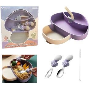Silicone Suction Plate for Toddlers, Spoon, Fork, Baby Eating Essentials, Toddler plate and Utensils Set(Silicone Baby Feeding Set - Pink Mushroom)