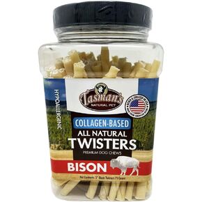 Tasman's Natural Pet Small 5" Bison Collagen-Based Twisters, 75 Count Jar. Traditional Rawhide Alternative