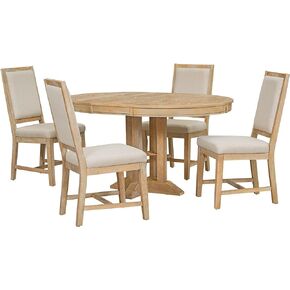 Farmhouse 5-Piece Dining Set, Included Retro Extendable Round Table with X-Shape Base and 4 Upholstered Chairs, Solid Wood Adjustable Dinette Furniture for Kitchen, Living Room, Natural