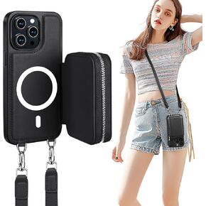 for iPhone 15 Wallet Case, Magsafe Crossbody Magnetic Phone Case with Zipper Card Holder for Women, RFID Blocking Leather Purse with Wrist Strap Lanyard for iPhone 15 6.1", Black