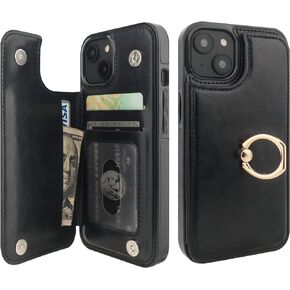 for iPhone 14 Wallet Case with Card Holder, 360° Rotation Ring Kickstand RFID Blocking PU Leather Double Magnetic Clasp Shockproof Cover for Women and Girls 6.1 Inch (Rose Gold)