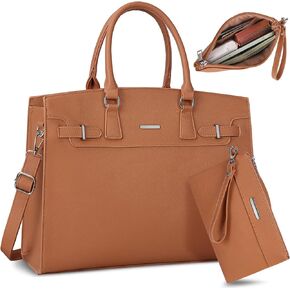 RAINSMORE Laptop Bag for Women 15.6 Inch Waterproof Leather Laptop Tote Bag Business Office Work Bag Professional Briefcase Large Computer Tote Handbag Shoulder Bag with Satchel Purse 2pcs Set, Black