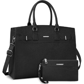 RAINSMORE Laptop Bag for Women 15.6 Inch Waterproof Leather Laptop Tote Bag Business Office Work Bag Professional Briefcase Large Computer Tote Handbag Shoulder Bag with Satchel Purse 2pcs Set, Black