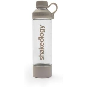 shakeology Glass Water Bottle, 18 fl oz, Reusable, Durable, Non Slip Silicone Bottom Sleeve, Twist Off Cap Lid and Easy to Carry Loop for Drinking On the Go, Travel, Workout, Gym, Hand Wash Only, Grey