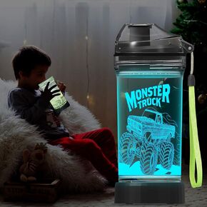 Kids Water Bottle with 3D Glowing Monster Truck LED Light - 14 OZ Tritan BPA Free - Creative Ideal Travel Cup Car Race Gift for School Kid Boy Child Holiday Camping Picnic
