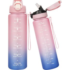Large Tritan Water Bottle with Straw & Time Marker, Motivational Half Gallon Daily Drinking Water Bottle with Strap Big Water Jug for Sports, Gym, Fitness, Travel, 2 Lids, 64 oz