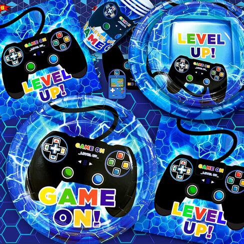 ديكورات أعياد الميلاد لألعاب الفيديو، 213 قطعة من ديكورات حفلات ألعاب الفيديو ومجموعة أدوات المائدة - أطباق حفلات ألعاب الفيديو وأكواب ومناديل مفارش المائدة والبالونات ولافتة دوامات معلقة وما إلى ذلك مستلزمات حفلات اللاعبين (أزرق) in Kuwait