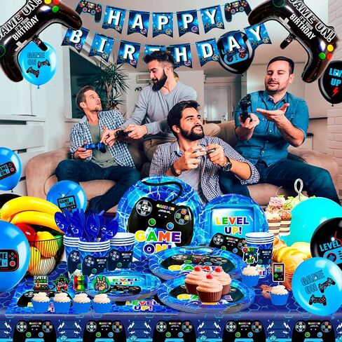 ديكورات أعياد الميلاد لألعاب الفيديو، 213 قطعة من ديكورات حفلات ألعاب الفيديو ومجموعة أدوات المائدة - أطباق حفلات ألعاب الفيديو وأكواب ومناديل مفارش المائدة والبالونات ولافتة دوامات معلقة وما إلى ذلك مستلزمات حفلات اللاعبين (أزرق) in Kuwait