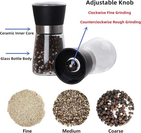 مجموعة مطحنة الملح والفلفل المصنوعة من الفولاذ المقاوم للصدأ مجموعة مطحنة الفلفل الخشنة القابلة للتعديل مطحنة السيراميك القابلة لإعادة الملء مطحنة التوابل شاكر للمنزل مطعم التخييم السفر الطبخ شواء (أسود) in Kuwait