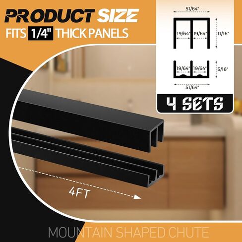 4 Sets 4 Ft Long Plastic Sliding Door Track Set for 1/4" Thick Panels Black Sliding Glass Door Track Sliding Cabinet Door Hardware for Sliding Closet Doors, Easy Quick Installation in Saudi Arabia