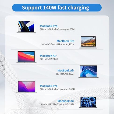 كابل USB-C إلى مغناطيسي 3 بقوة 140 واط، كابل شحن مغناطيسي 6.6FT/2M لأجهزة MacBook Air 2024 M3 13/15 بوصة، MacBook Pro 2023 M2 Pro & Max 14"16"، MacBook Air 2022/2023 M2، MacBook Pro 2021 M1 & Max 14 "16" in Kuwait
