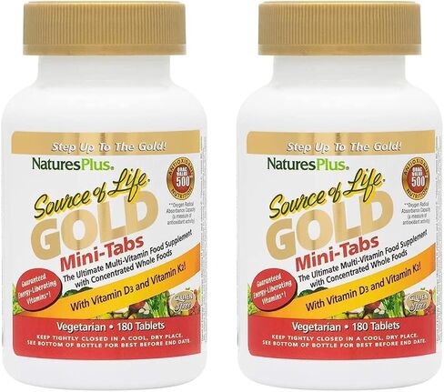 Natures Plus Source of Life Gold Multivitamin - 180 Mini-Tabs, Pack of 2 - with Vitamins D3, B12 & K2 - Vegetarian & Gluten Free - 60 Total Servings in Saudi Arabia