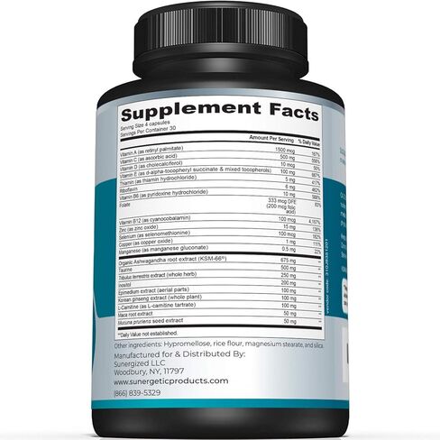مكمل دعم الرجال الفاخر من Sunergetic - فيتامينات متعددة قوية - يدعم الطاقة والقدرة على التحمل والقدرة على التحمل وإدارة الإجهاد - مع الزنك والأشواغاندا والماكا والكارنيتين والفيتامينات - 120 كبسولة in Kuwait