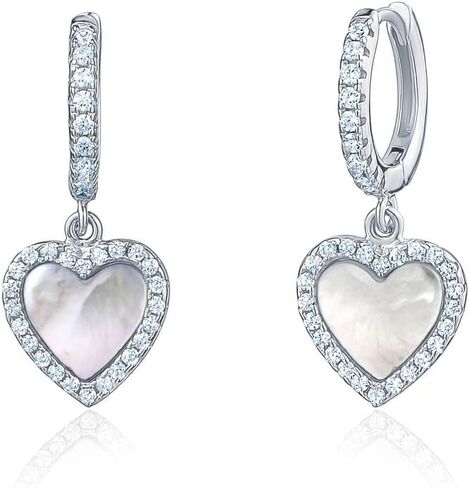 Sterling Silver Heart Dangle Earrings Mother of Pearl Simulated Diamonds Outline for Girls in Saudi Arabia