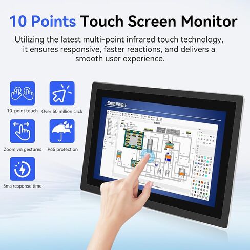 Touch Screen Monitor 10.1 Inch Multi-Touch Industrial Monitor 1280 * 800 HD | HDMI,VGA& USB | Built-in Speakers Touchscreen Monitor for Device POI/POS/Kiosk/Automation, VESA in Saudi Arabia