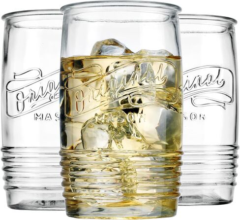 مجموعة Glaver's مكونة من 8 أكواب زجاجية بوزن 20 أونصة من Mason Stemless أكواب شرب طويلة للاستخدام اليومي، أواني زجاجية حديثة وعتيقة تحمل شعار Mason الأصلي للبار والماء والبيرة والعصير. in Kuwait