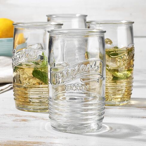 مجموعة Glaver's مكونة من 8 أكواب زجاجية بوزن 20 أونصة من Mason Stemless أكواب شرب طويلة للاستخدام اليومي، أواني زجاجية حديثة وعتيقة تحمل شعار Mason الأصلي للبار والماء والبيرة والعصير. in Kuwait