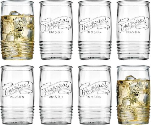 مجموعة Glaver's مكونة من 8 أكواب زجاجية بوزن 20 أونصة من Mason Stemless أكواب شرب طويلة للاستخدام اليومي، أواني زجاجية حديثة وعتيقة تحمل شعار Mason الأصلي للبار والماء والبيرة والعصير. in Kuwait