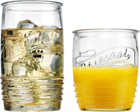 مجموعة Glaver's مكونة من 8 أكواب زجاجية بوزن 20 أونصة من Mason Stemless أكواب شرب طويلة للاستخدام اليومي، أواني زجاجية حديثة وعتيقة تحمل شعار Mason الأصلي للبار والماء والبيرة والعصير. in Kuwait