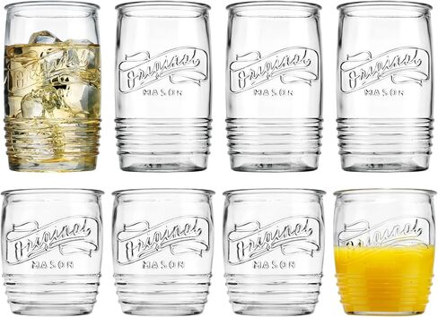 مجموعة Glaver's مكونة من 8 أكواب زجاجية بوزن 20 أونصة من Mason Stemless أكواب شرب طويلة للاستخدام اليومي، أواني زجاجية حديثة وعتيقة تحمل شعار Mason الأصلي للبار والماء والبيرة والعصير. in Kuwait