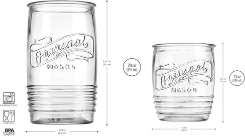 مجموعة Glaver's مكونة من 8 أكواب زجاجية بوزن 20 أونصة من Mason Stemless أكواب شرب طويلة للاستخدام اليومي، أواني زجاجية حديثة وعتيقة تحمل شعار Mason الأصلي للبار والماء والبيرة والعصير. in Kuwait