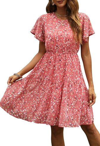 فساتين بوهو صيفية غير رسمية للنساء من Manydress فستان شيفون مطبوع عليه زهور وأكمام مكشكشة فستان متزلج واسع MY112 in Saudi Arabia