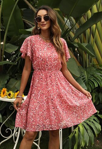 فساتين بوهو صيفية غير رسمية للنساء من Manydress فستان شيفون مطبوع عليه زهور وأكمام مكشكشة فستان متزلج واسع MY112 in Saudi Arabia