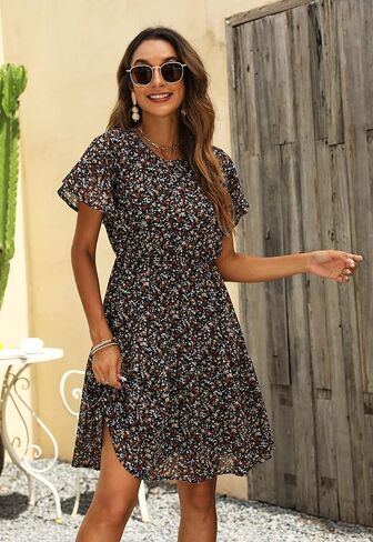 فساتين بوهو صيفية غير رسمية للنساء من Manydress فستان شيفون مطبوع عليه زهور وأكمام مكشكشة فستان متزلج واسع MY112 in Saudi Arabia