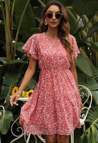 فساتين بوهو صيفية غير رسمية للنساء من Manydress فستان شيفون مطبوع عليه زهور وأكمام مكشكشة فستان متزلج واسع MY112 in Saudi Arabia