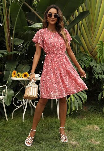 فساتين بوهو صيفية غير رسمية للنساء من Manydress فستان شيفون مطبوع عليه زهور وأكمام مكشكشة فستان متزلج واسع MY112 in Saudi Arabia