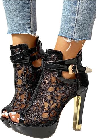 Women's Pretty Lace Flowers Open Toes High Heels Ankle Boots Platform Boots Peep Toe Colorful Casual Womens Boots in Saudi Arabia