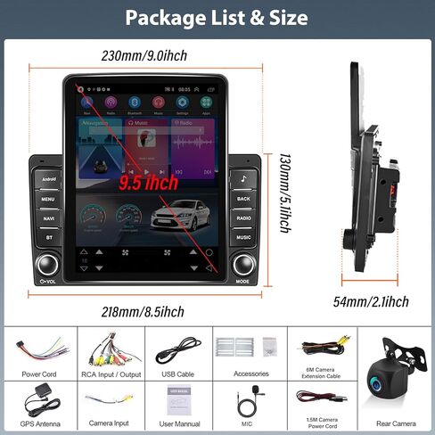 2+64G Android 13 Double Din Car Stereo 9.5 بوصة شاشة لمس عمودية مع Apple Carplay Android Auto Mirror Link مشغل الوسائط المتعددة وحدة رئيسية FM RDS HiFi Bluetooth WiFi GPS + AHD كاميرا احتياطية وميكروفون in Kuwait