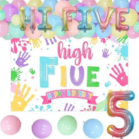 Hi Five Birthday Party Decorations Boy, Blue 5th Birthday Decorations Backdrop Cake Cupcake Topper Blue Black Balloon Number 5 High Five Foil Balloon for Boy 5 Year Old Birthday Party in Kuwait