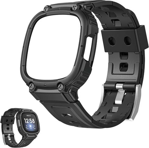 Watch Strong Protective Case with Band, Anti-drop Shock-proof Scratch-resistant Soft Silicon Adjustable Bumper, Protector and Strap Accessories Compatible with Fitbit Versa 3/4 [Black] in Saudi Arabia