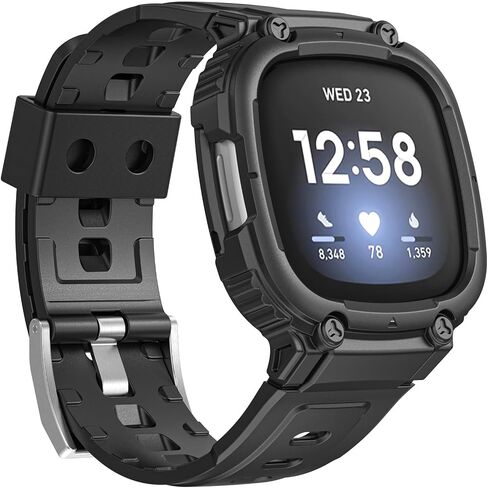 Watch Strong Protective Case with Band, Anti-drop Shock-proof Scratch-resistant Soft Silicon Adjustable Bumper, Protector and Strap Accessories Compatible with Fitbit Versa 3/4 [Black] in Saudi Arabia