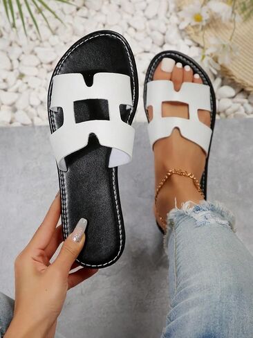 OYOANGLE Women's Colorblock Cut Out Flat Sandals Single Strap Slide Sandals Open Toe Fashion Slippers in Saudi Arabia
