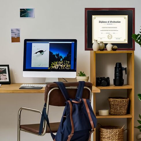 GraduatePro 8.5x11 Diploma Frame with Navy Over Gold Mat or Display 11x14 Certificate Without Mat,Solid Wood & UV Protection Acrylic,Cherry Finish with Gold Trim in Kuwait