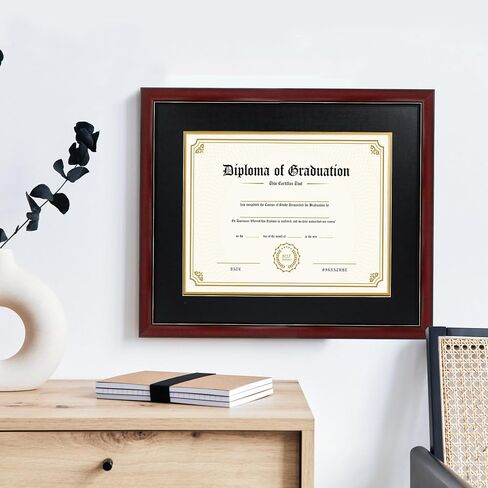 GraduatePro 8.5x11 Diploma Frame with Navy Over Gold Mat or Display 11x14 Certificate Without Mat,Solid Wood & UV Protection Acrylic,Cherry Finish with Gold Trim in Kuwait